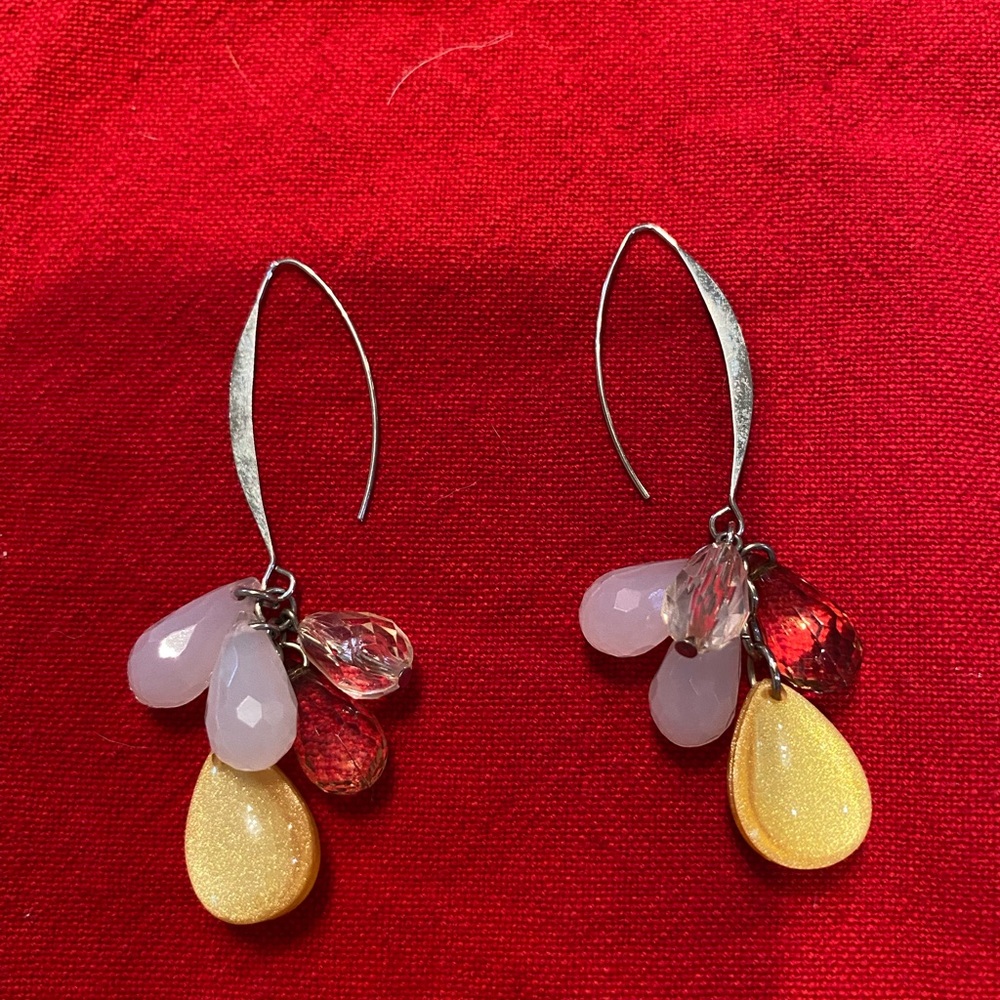 Vintage pair of 2.5” long silver hook pieced earrings with dangling bead cluster